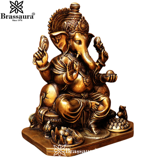 Brassaura® Copper Brown Sitting Ganesha Brass Idol | Intricate Detailing with Modak Base | Height 13 Inches