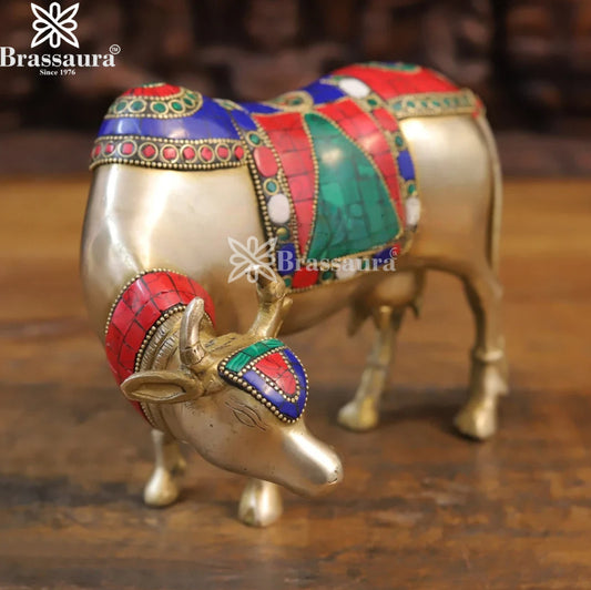 Brass Gem Stone Work Cow Statue Weight 3.48 Kg And Height 7.5 Inch