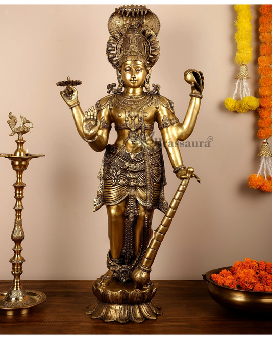 Brassaura™ Handcrafted Pure Brass Lord Vishnu Statue with Sheshanaag | 40 Inch Height | 32 KG Weight | Intricate Design