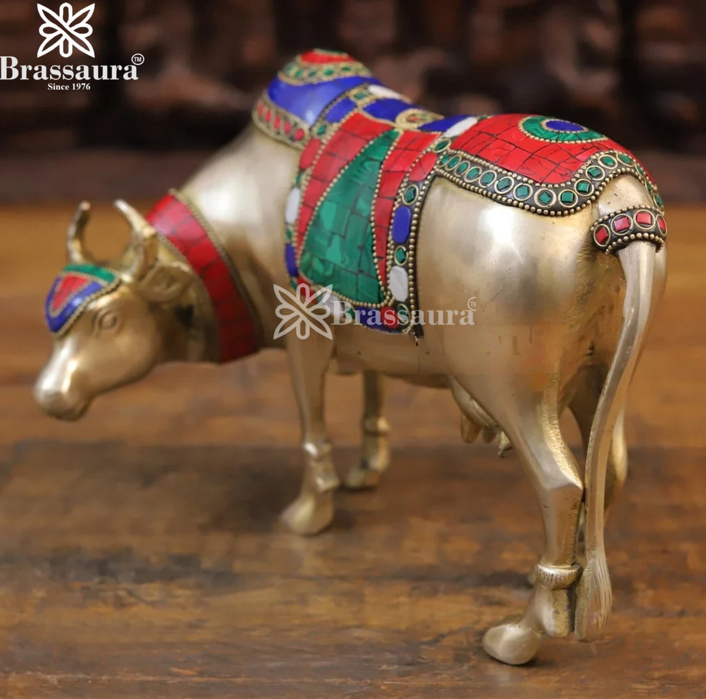Brass Gem Stone Work Cow Statue Weight 3.48 Kg And Height 7.5 Inch