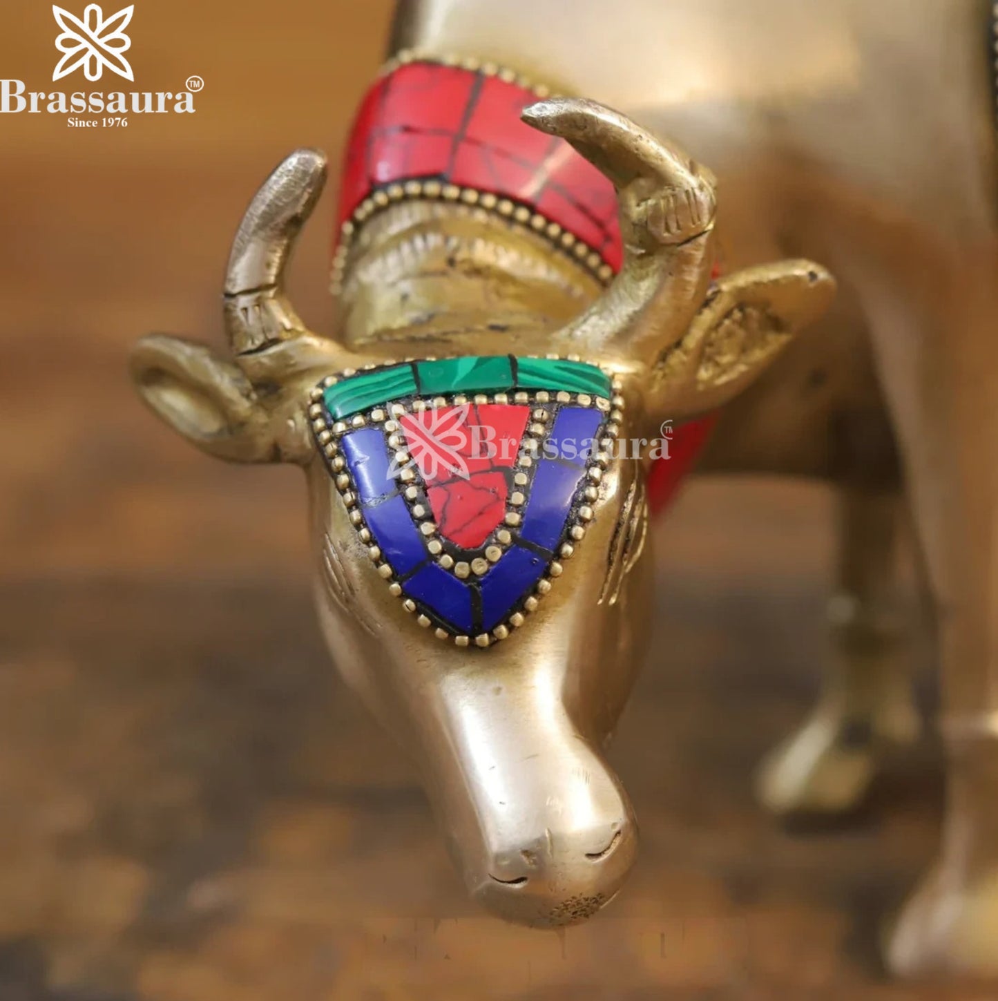 Brass Gem Stone Work Cow Statue Weight 3.48 Kg And Height 7.5 Inch