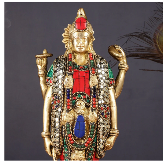 Brassaura® Handcrafted Pure Brass Lord Vishnu Satya Narayan Idol with Intricate Stonework | 12 Inch Height | Beautifully Adorned