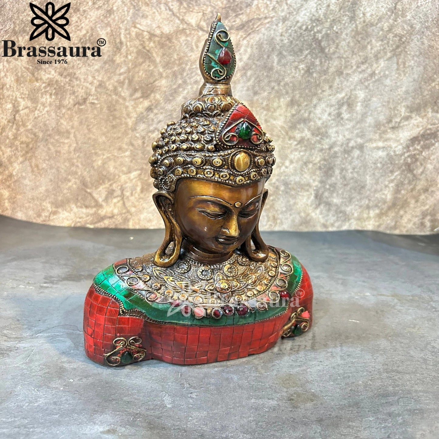 Brass Head Gem Stone Work Buddha Weight 3.9 kg & Height 12.5 Inch
