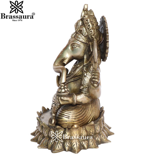 Brassaura® विंटेज फ़िनिश गोल्डन गणेश प्रतिमा | शुद्ध पीतल | ऊँचाई 10 इंच