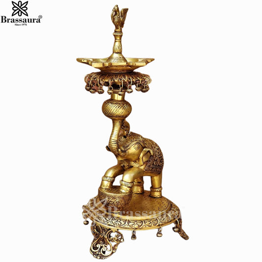 Brassaura® Elephant Brass Oil Lamp | Handcrafted Decorative Diya Stand | Height 24 Inches & Weight 12.5 Kgs