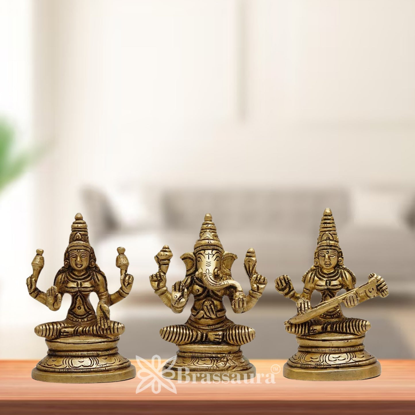 Brassaura™ Handcrafted Brass Laxmi Ganesha Saraswati Murti – Height 3.5 Inches & Weight 0.9 Kgs | Puja Room Idol