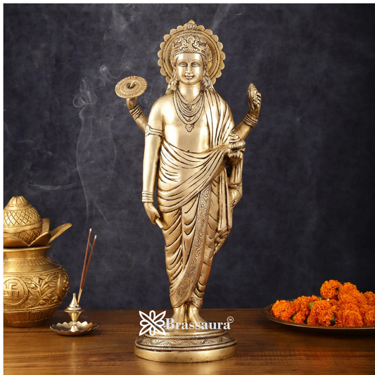 Brassaura™ Pure Brass Superfine Lord Dhanvantari Statue | 18 Inch Height | 6 KG Weight | Finely Crafte