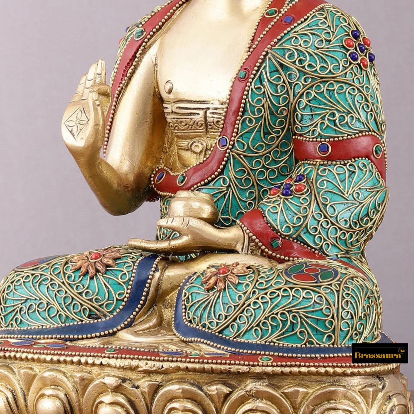 Brassaura™ Brass Buddha Statue with Stonework – Height 12 Inches, Weight 5.5 Kgs