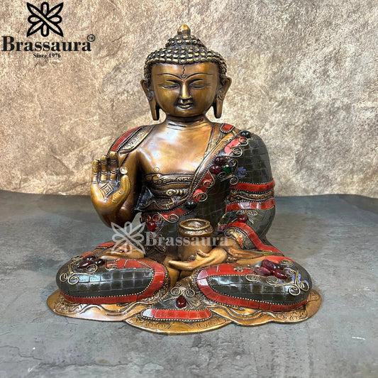 Brass Blessing Gem Stone Work Buddha Weight 5.3 kg & Height 11.5 Inch