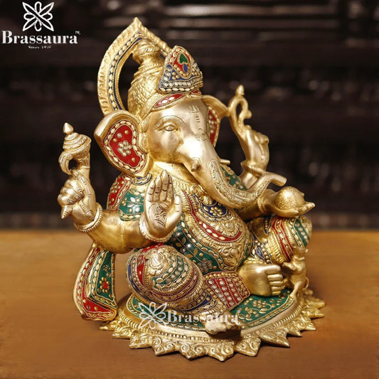 Brass Gem Stone Work Ganesha Weight 13 Kg & Height 13.5 Inch