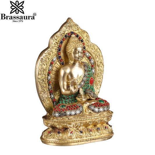 Brass Blessing Gem Stone Work Multicolored Buddha Weight 4.9 kg & Height 10 Inch