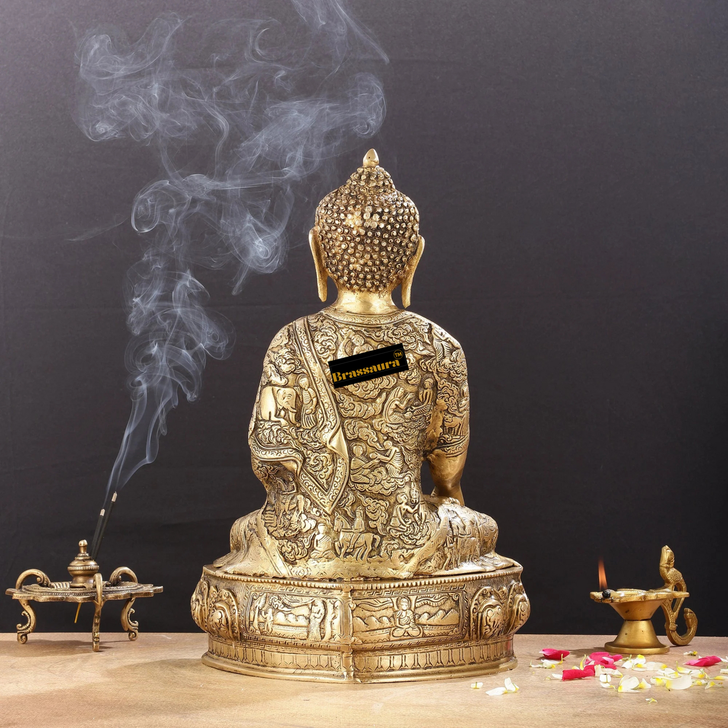 Brassaura™ Handcrafted Pure Brass Buddha Statue with Engraved Life Story – Height 15 Inches & Weight 7.8 Kgs