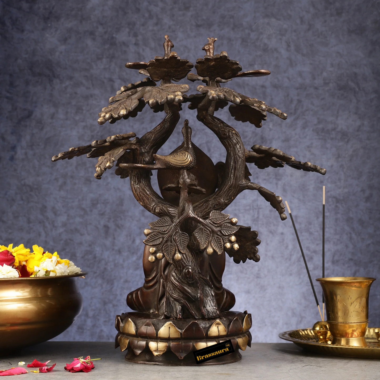 Brassaura™ Brass Buddha Under Tree Statue – Height 16.5 Inches, Weight 10 Kgs