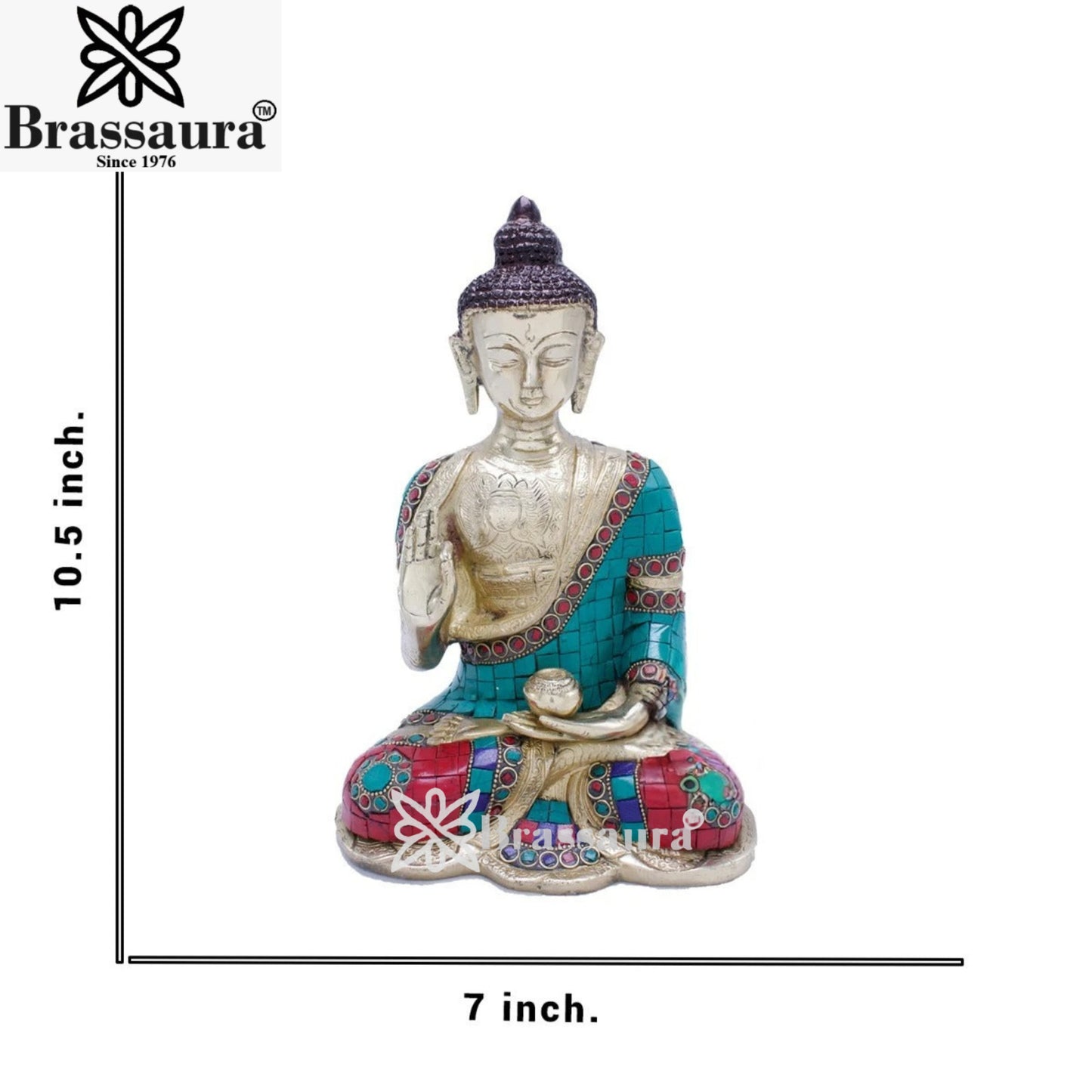 Brass Blessing Gem Stone Work Buddha Weight 3.8 kg & Height 10.5 Inch