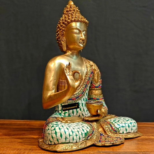 Brassaura™ Pure Brass Lord Buddha Statue in Aashirwaad Abhaya Mudra with Medicine Bowl – Height 17 Inches, Weight 11 Kgs