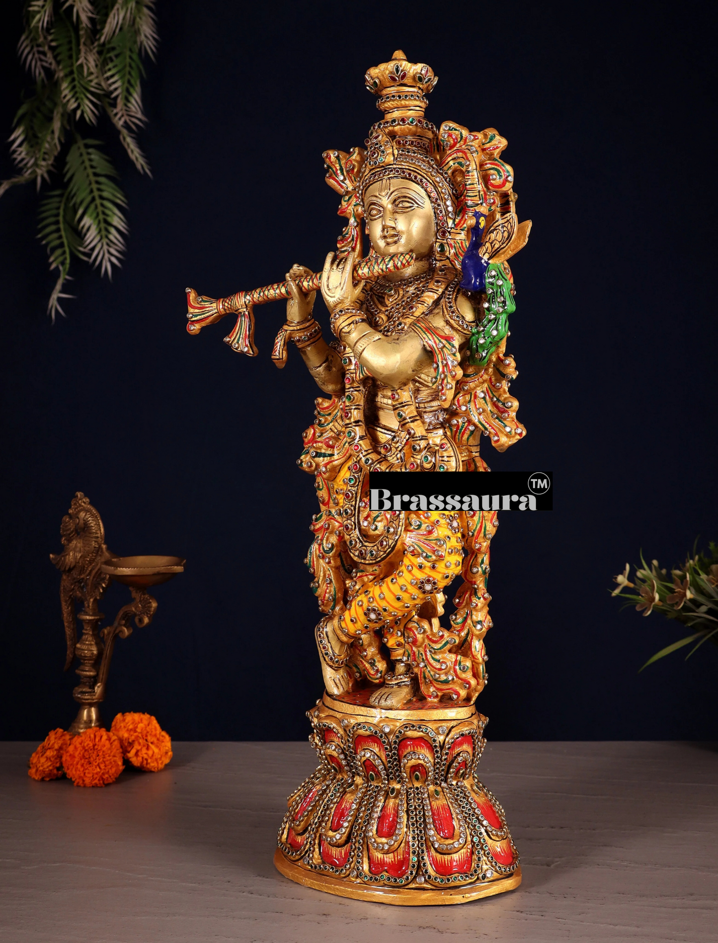 Brassaura™ Brass Krishna Statue with Natural Stones – Height 21" | Weight 9 Kgs