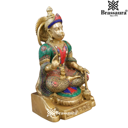 Brass Gem Stone Work Hanuman Statue Weight 14.1 Kg And Height 18 Inch