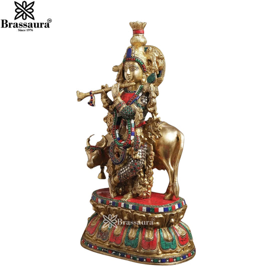 Brassaura® Brass Lord Krishna Playing Flute with Sacred Cow Idol | Colorful Stone Work Handcrafted Premium Brass Murti for Home Temple & Luxury Décor | Height 21 Inches | Weight 16.5 Kg