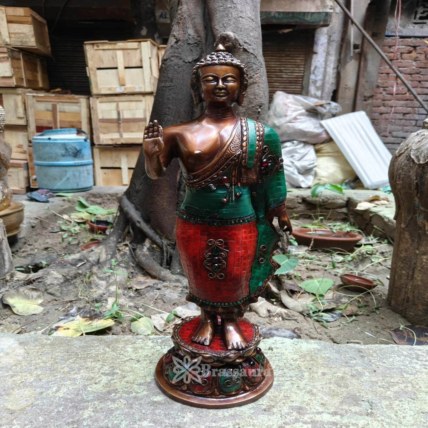 Brass Standing Blessing Gem Stone Work Buddha Weight 7.7 kg & Height 21 Inch