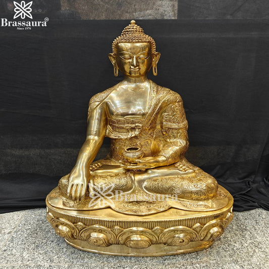 Brassaura® Buddha Bhumisparsha Mudra Sitting Idol with Antique Gold Finish and Lotus Base | Pure Superfine Brass Handcrafted Murti | Brass Statue for Home Temple, Pooja Room | Height 33 Inches | Weight 52 Kgs