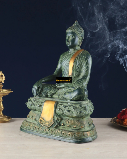 Brassaura® Blessing Buddha Sitting in Abhaya Mudra with Green Stone Finish | Pure Superfine Brass Handcrafted Murti | Brass Statue for Home Temple, Pooja Room | Height 15 Inches | Weight 7.43 Kgs