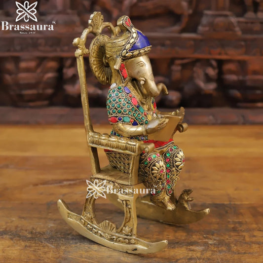 Brass Gem Stone Work Chair Ganesha Weight 3.56 Kg & Height 11 Inch