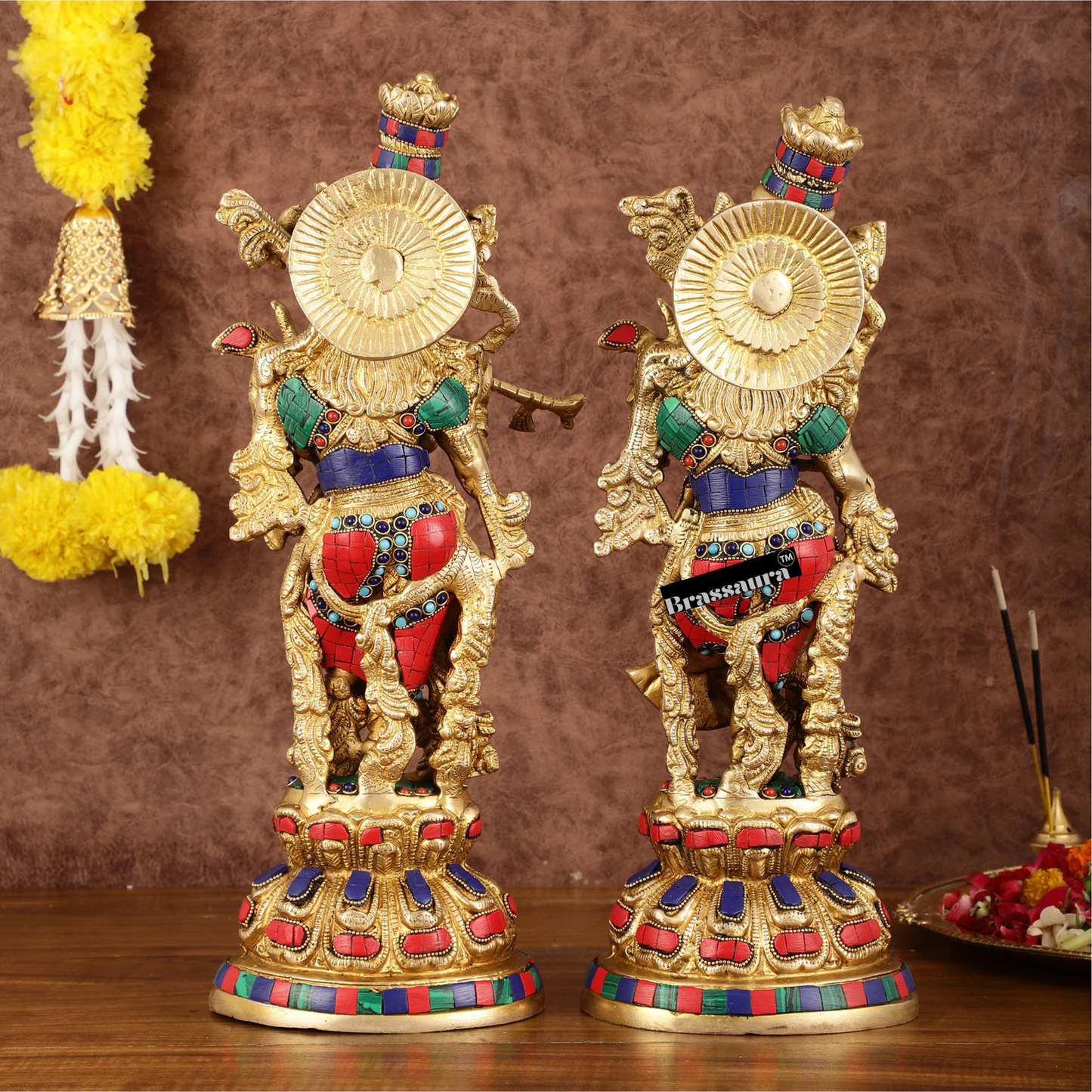 Brassaura™ Intricately Crafted Brass Radha Krishna Idols with Stonework – Height 15 Inches & Weight 10 Kgs | Divine Love Pair