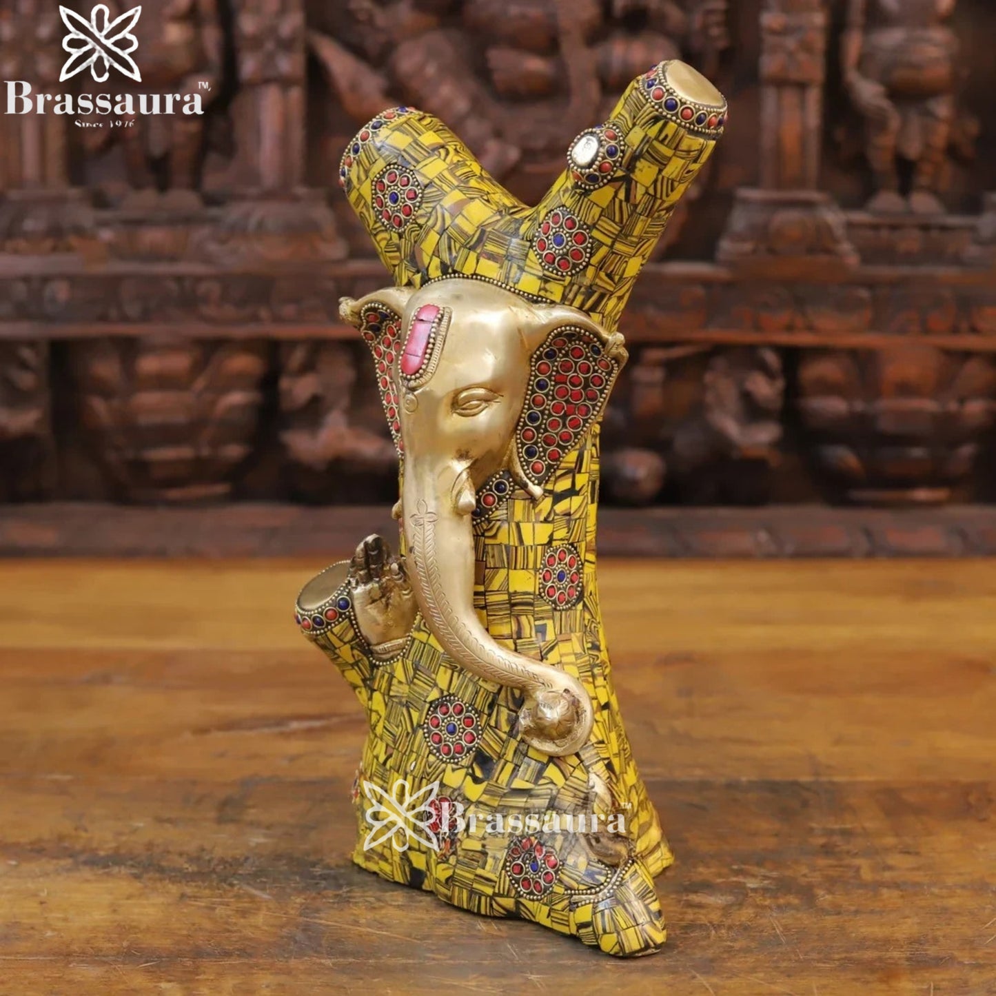 Brass Gem Stone Work Tree Ganesha Weight 5.6 Kg & Height 13 Inch