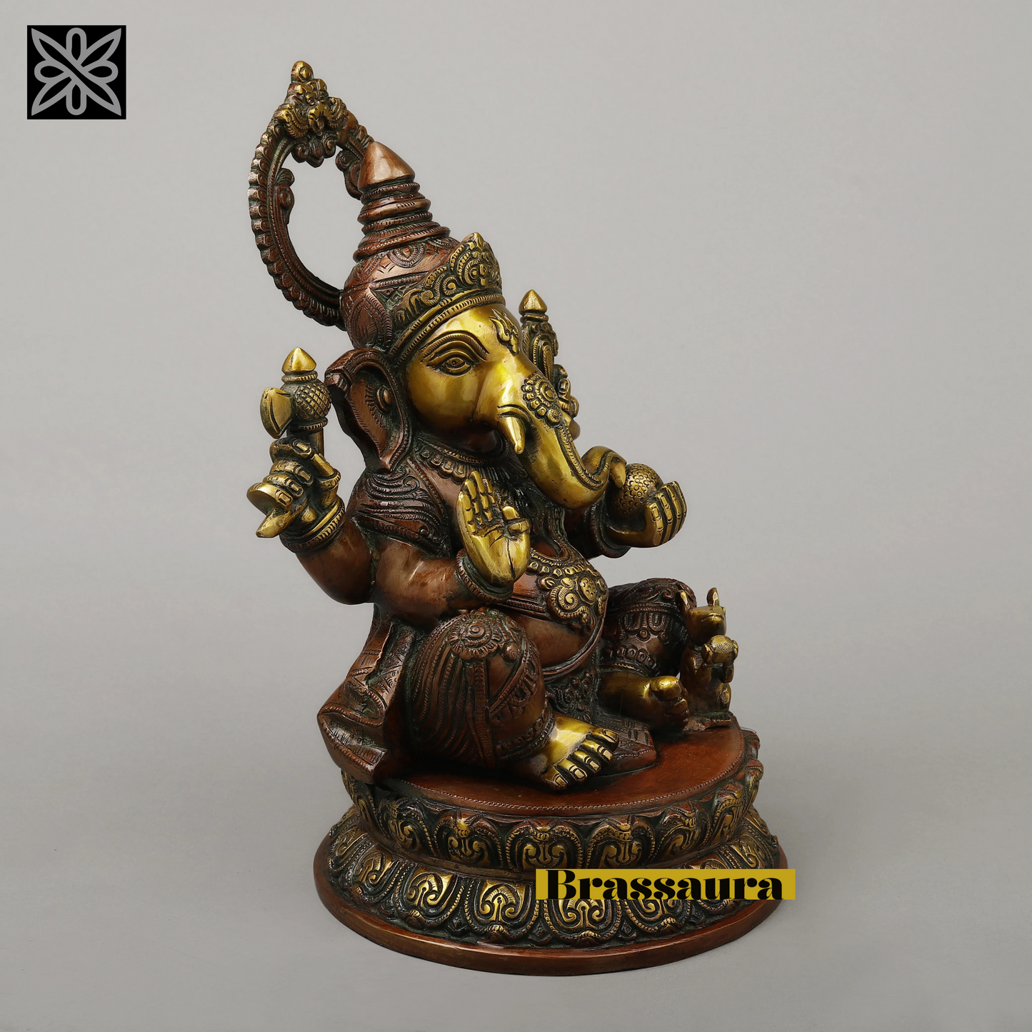 Brassaura™ Brass Ganesh on Pedestal in Blessing Posture – Height 14.5 Inches, Weight 11.37 Kgs