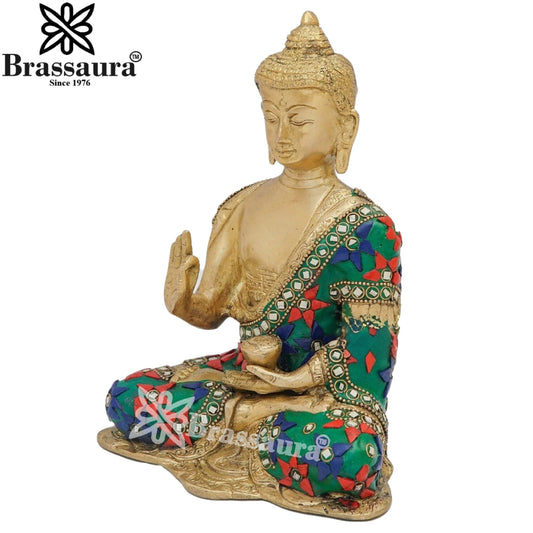 Brass Blessing Gem Stone Work Buddha Weight 2.1 kg & Height 8 Inch
