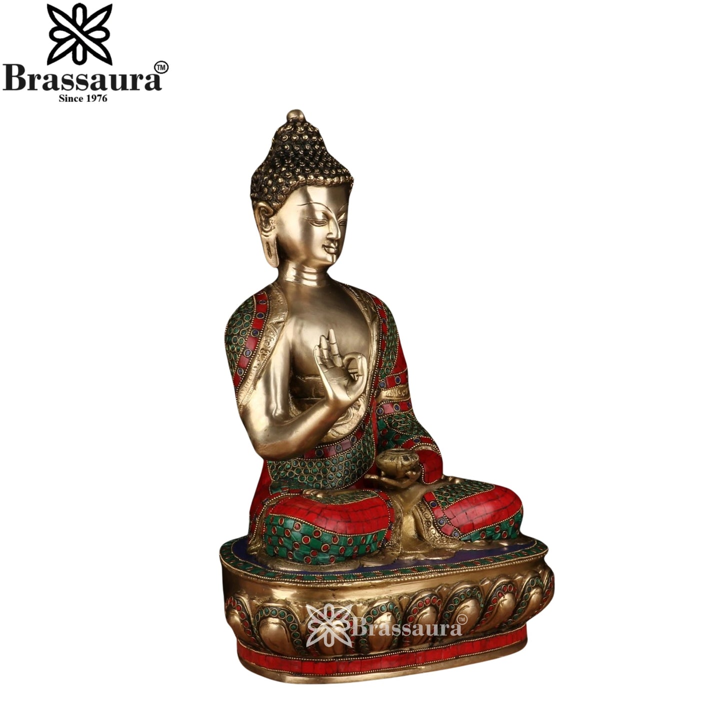 Brass Blessing Gem Stone Work Buddha Weight 11.2 kg & Height 17 Inch