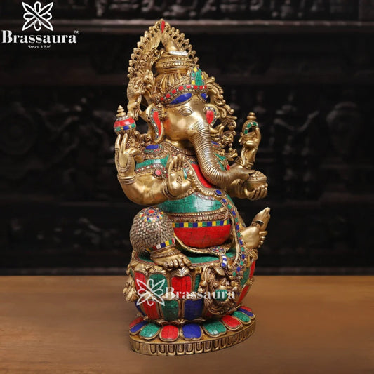 Brass Gem Stone Work Lotus Ganesha Weight 35 Kg & Height 26 Inch
