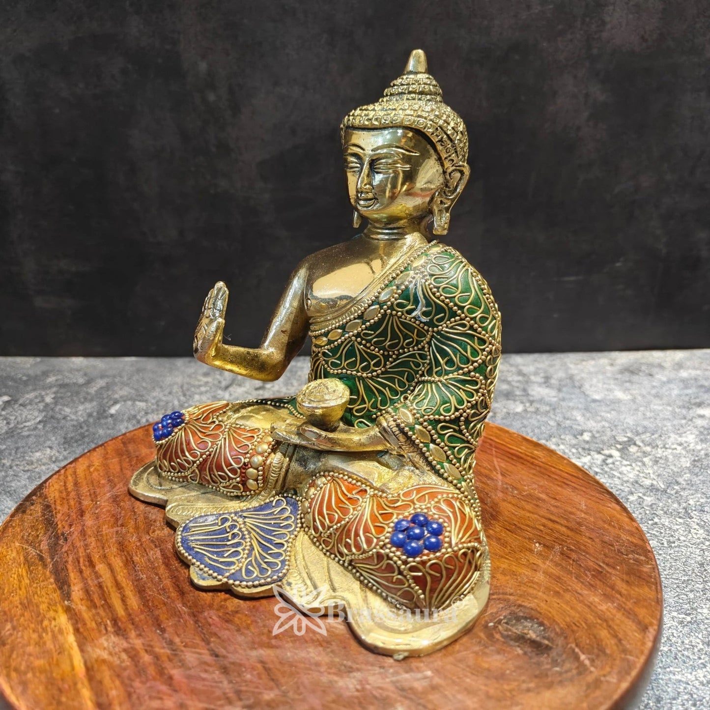 Brass Blessing Multicolored Gem Stone Work Buddha Weight 2 kg & Height 7.5 Inch