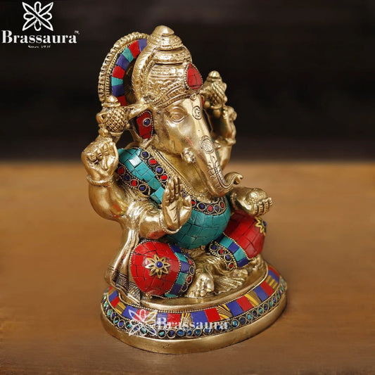 Brass Gem Stone Work Ganesha Weight 3 Kg & Height 8 Inch