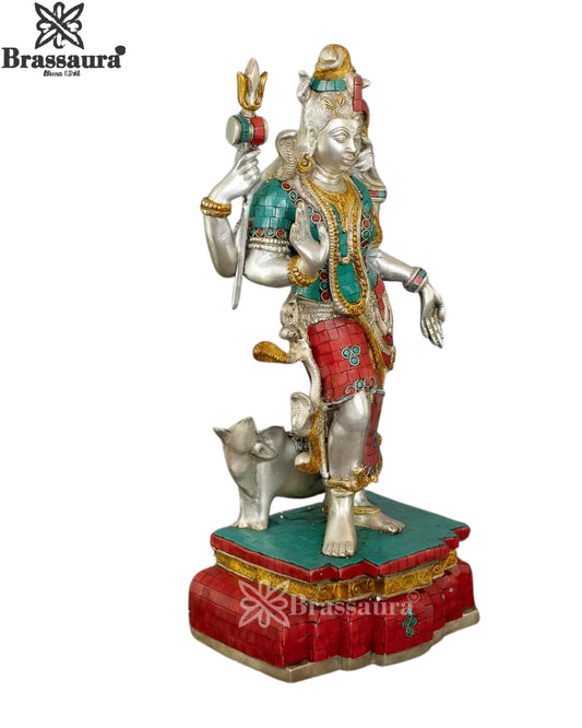 Brassaura™ Brass Gem Stone Work Ardhanarishwar Statue – Height 19 Inches & Weight 10 Kgs | Handcrafted Pooja Sculpture