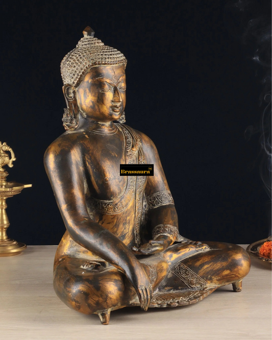 Brassaura™ Handcrafted Pure Brass Buddha Idol – Height 15 Inches, Weight 11 Kgs