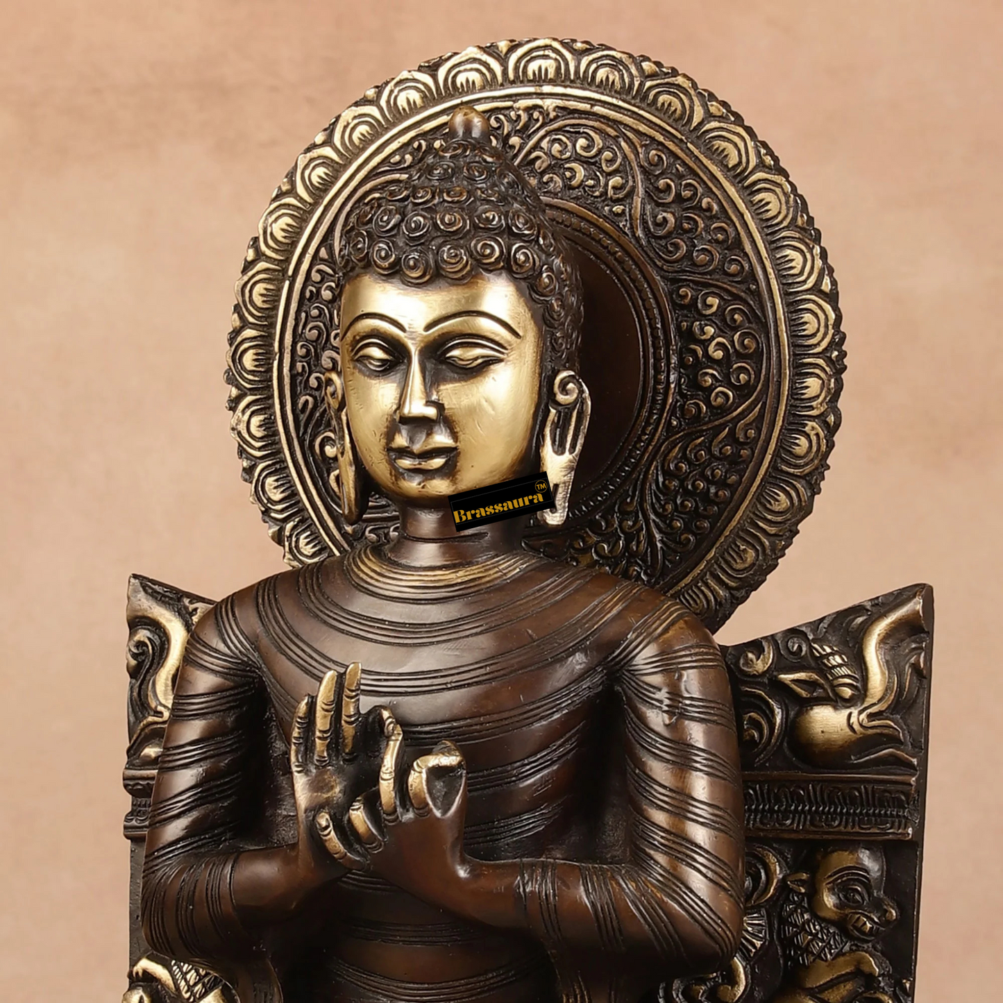 Brassaura™ Pure Brass Buddha Statue in Dharmachakra Mudra – Height 11 Inches & Weight 4.8 Kgs