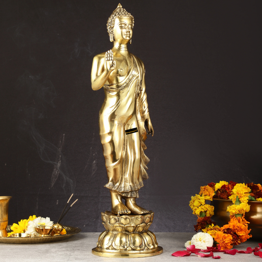 Brassaura™ Brass Standing Buddha Statue – Height 21.5 Inches & Weight 7.40 Kgs | Handcrafted Spiritual Decor for Home & Office