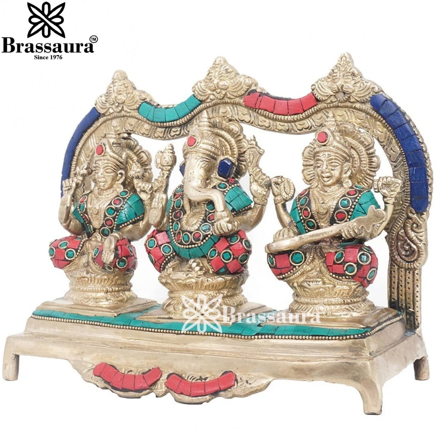 Brassaura™ Artistic Brass Gemstone Laxmi Ganesha Saraswati Statue – Height 7 Inches & Weight 3.8 Kgs | Puja Room Idol