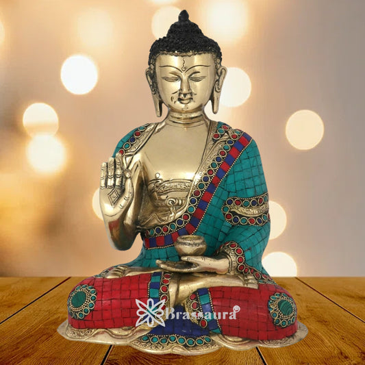 Brassaura® Buddha Sitting in Blessing Mudra Idol with Gem Stone Work Finish | Pure Superfine Brass Handcrafted Murti | Brass Statue for Home Temple, Pooja Room | Height 12 Inches | Weight 5.5 Kgs