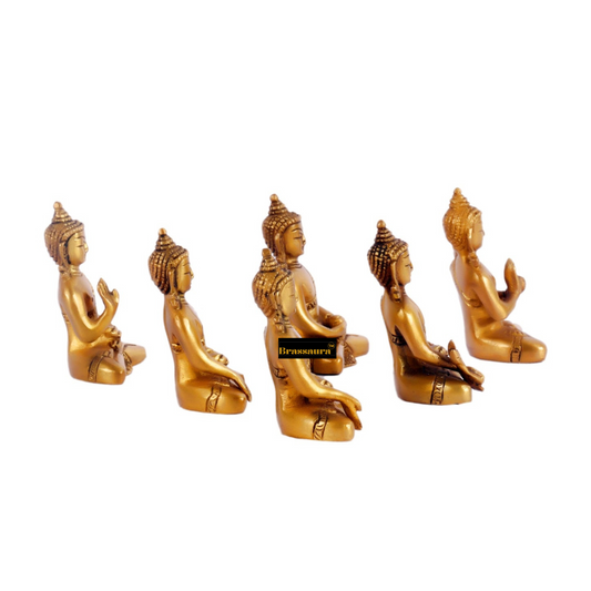 Brassaura™ Brass 6 Pcs Buddha Idol for Home and Decor | Weight 3.2 Kg | Height 3 Inches