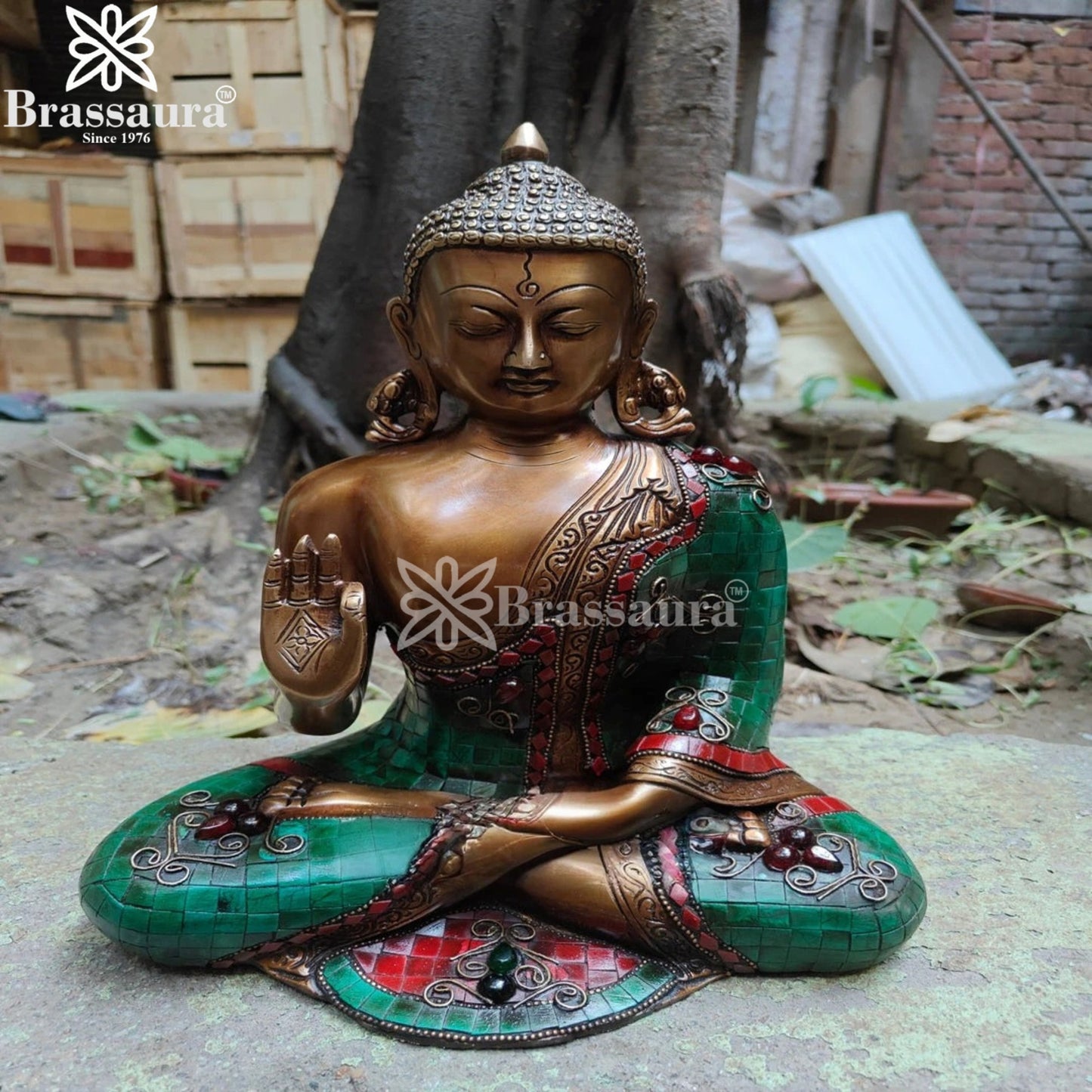 Brass Blessing Gem Stone Work Buddha Weight 6.1 kg & Height 12.5 Inch