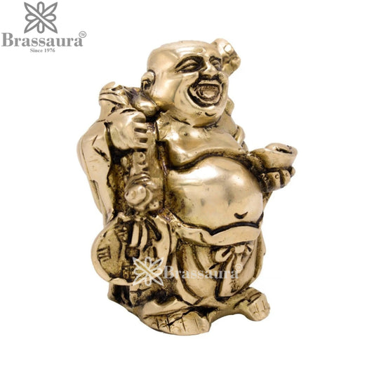 Brassaura® Laughing Buddha Standing Idol with Sack & Bowl and Antique Gold Finish | Pure Superfine Brass Handcrafted Murti | Brass Statue for Home Temple, Pooja Room | Height 3.5 Inches | Weight 0.4 Kgs