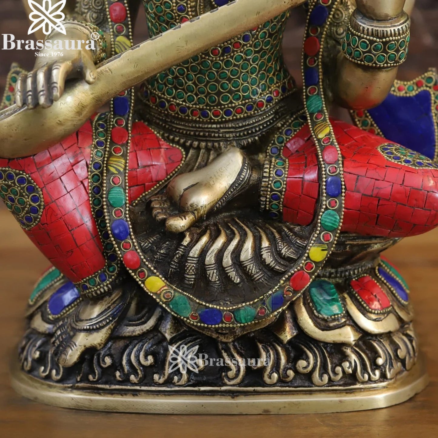 Brassaura™ Premium Brass Gem Stone Work Saraswati Idol – Height 16.5 Inches & Weight 11.8 Kgs | Devotional Statue