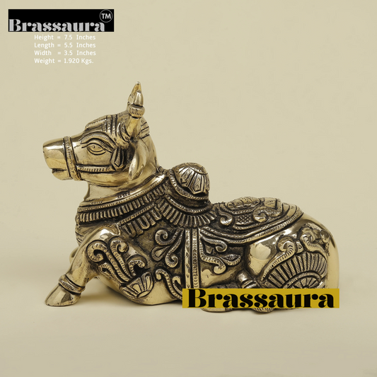 Brassaura® Brass Nandi Statue | 7.5 Inches Height | 1.92 Kgs Weight | Silver Finish
