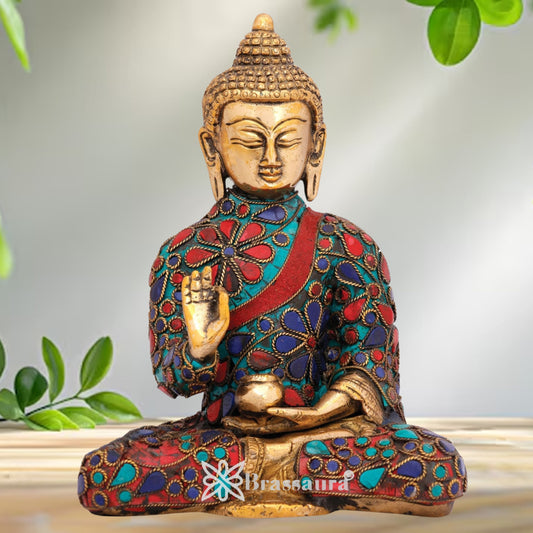 Brassaura® Buddha Sitting in Blessing Mudra Idol with Gem Stone Work Finish | Pure Superfine Brass Handcrafted Murti | Brass Statue for Home Temple, Pooja Room | Height 7.5 Inches | Weight 2.2 Kgs