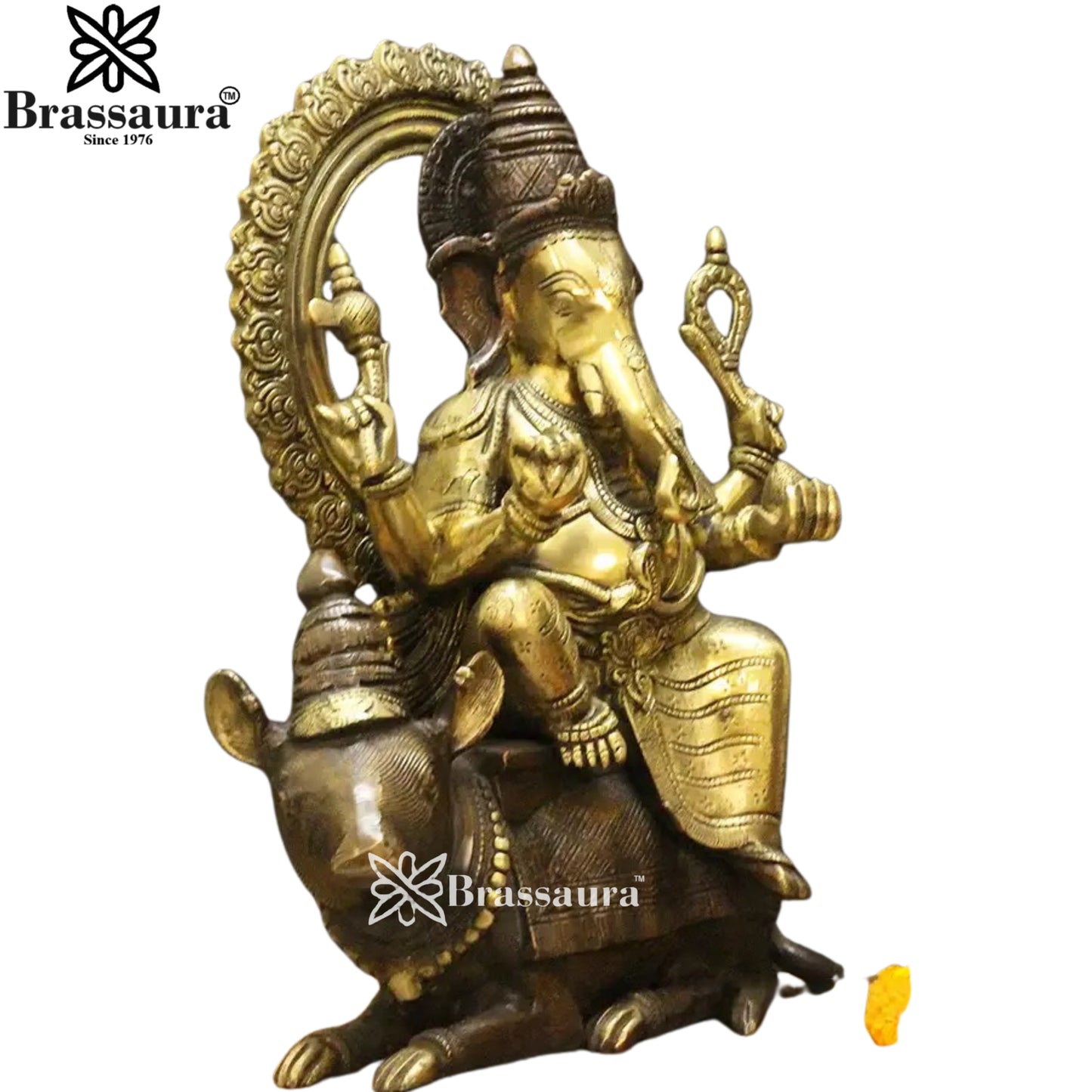 Brass Ganesha On Rat Statue Weight 14 Kg And Height 16 Inch