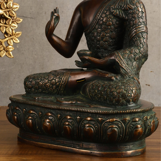 Brassaura™ Pure Brass Antique Buddha Blessing Statue – Height 13.5 Inches, Weight 6.8 Kgs