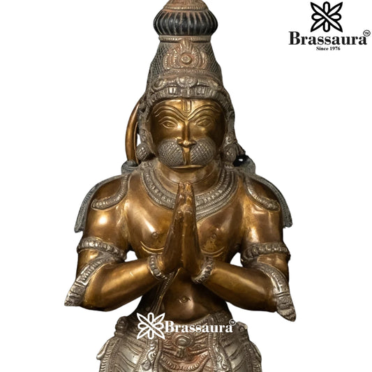 Brassaura® Hanuman Standing Namaste Pose Idol with Golden Yellow And Silver White Finish | Pure Superfine Brass Handcrafted Murti | Brass Statue for Home Temple, Pooja Room | Height 16 Inches | Weight 4.5 Kgs