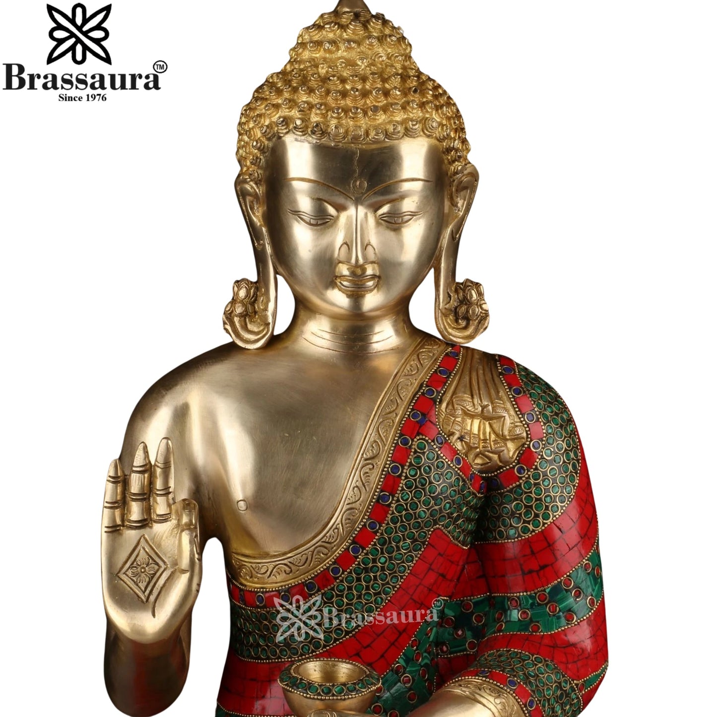 Brass Blessing Gem Stone Work Buddha Weight 18.2 kg & Height 20 Inch